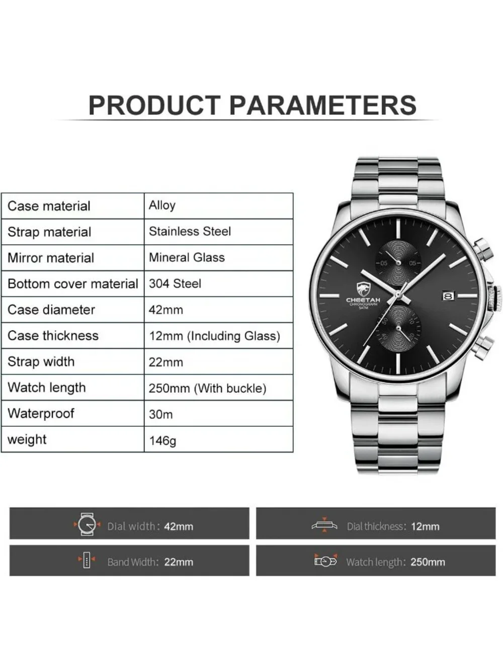Men's Silver Black Classic Stainless Steel Waterproof Chronograph Quartz Watch